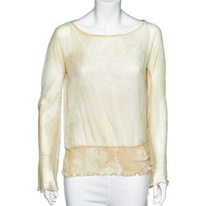 Just Cavalli Pale Yellow Printed Crepe Elasticized Hem Blouse M